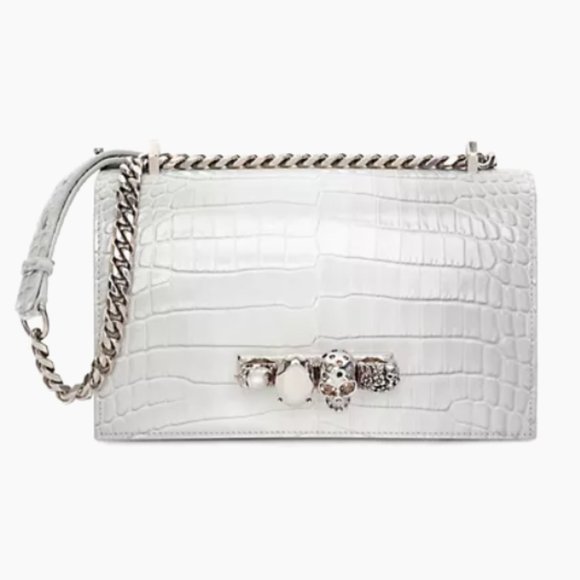 Alexander McQueen Handbags - Alexander McQueen Medium Four Ring Croc-Embossed Leather Crossbody Light Gray
